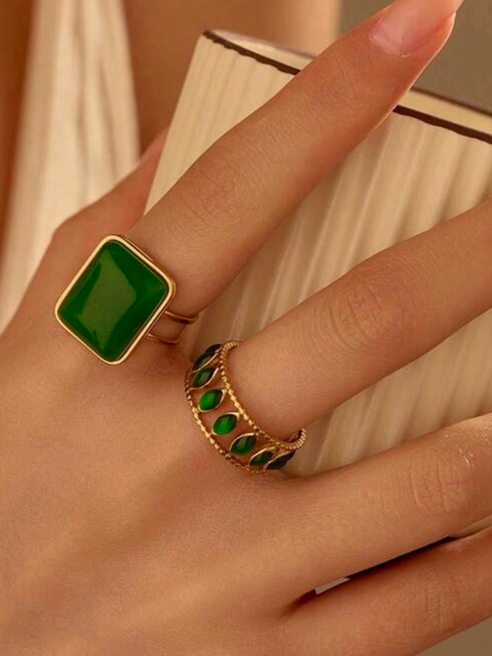 Gold Green Stone Statement Ring set - Elegant Women’s Fashion Jewelry